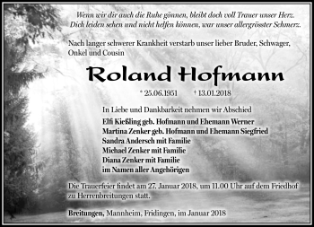 Traueranzeige von Roland Hofmann von Südthüringer Presse