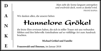 Traueranzeige von Hannelore Grökel von Südthüringer Presse