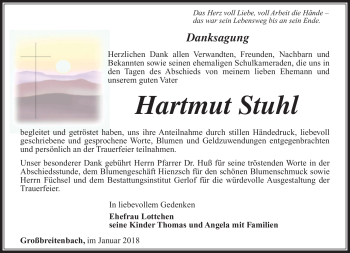 Traueranzeige von Hartmut Stuhl von Südthüringer Presse