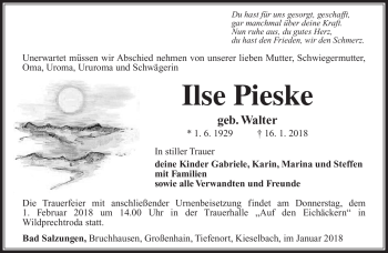 Traueranzeige von Ilse Pieske von Südthüringer Presse