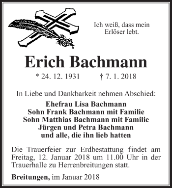 Traueranzeige von Erich Bachmann von Südthüringer Presse