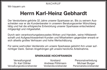 Traueranzeige von Karl-Heinz Gebhardt von Frankenpost