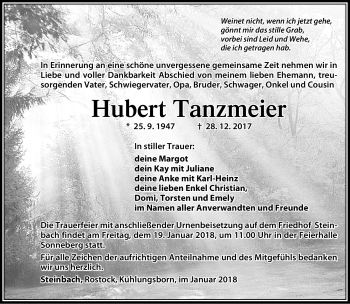 Traueranzeige von Hubert Tanzmeier von Südthüringer Presse