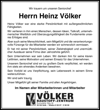 Traueranzeige von Heinz Völer von Frankenpost
