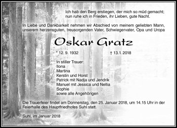 Traueranzeige von Oskar Gratz von Südthüringer Presse