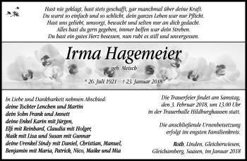 Traueranzeige von Irma Hagemeier von Südthüringer Presse
