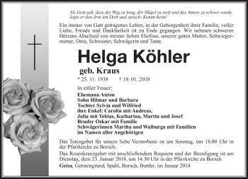 Traueranzeige von Helga Köhler von Südthüringer Presse