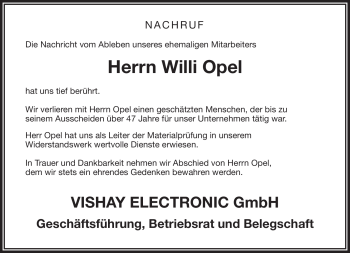Traueranzeige von Willi Opel von Frankenpost