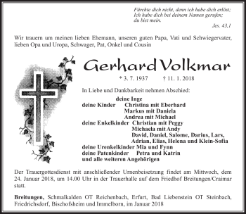 Traueranzeige von Gerhard Volkmar von Südthüringer Presse