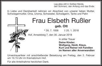 Traueranzeige von Elsbeth Rußler von Frankenpost