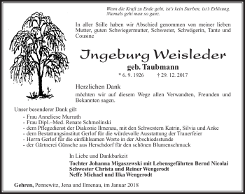 Traueranzeige von Ingeburg Weisleder von Südthüringer Presse