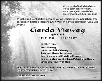Traueranzeige von Gerda Vieweg von Südthüringer Presse
