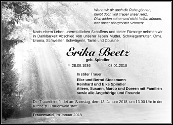 Traueranzeige von Erika Beetz von Südthüringer Presse