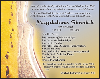 Traueranzeige von Magdalena Simnick von Südthüringer Presse