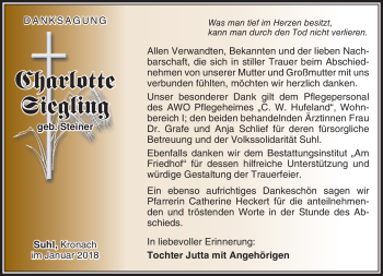 Traueranzeige von Charlotte Siegling von Südthüringer Presse