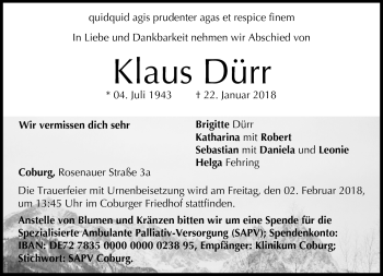 Traueranzeige von Klaus Dürr von Neue Presse Coburg