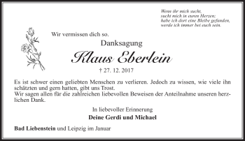 Traueranzeige von Klaus Eberlein von Südthüringer Presse