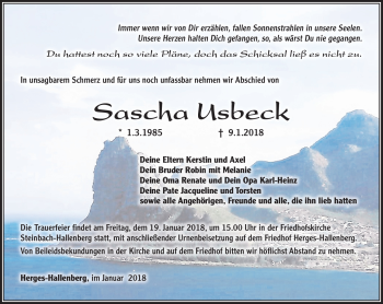 Traueranzeige von Sascha Usbeck von Südthüringer Presse
