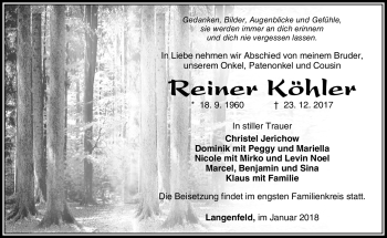 Traueranzeige von Reiner Köhler von Südthüringer Presse