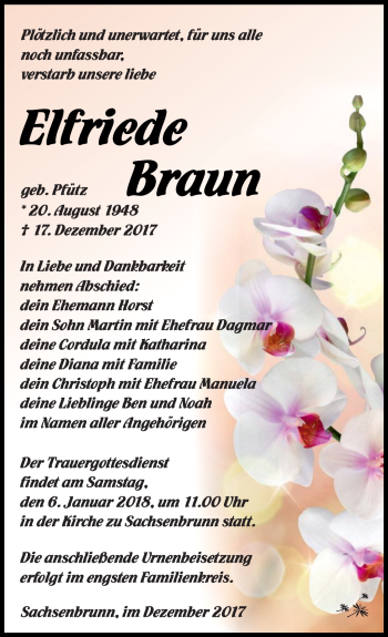 Traueranzeige von Elfriede Braun von Südthüringer Presse