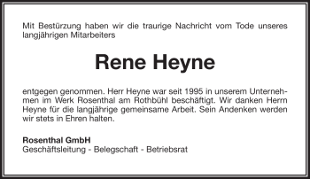 Traueranzeige von Rene Heyne von Frankenpost