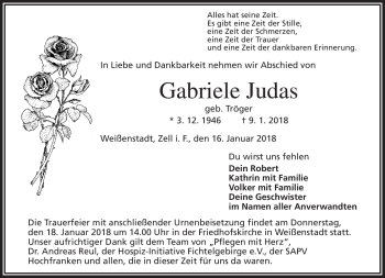 Traueranzeige von Gabriele Judas von Frankenpost