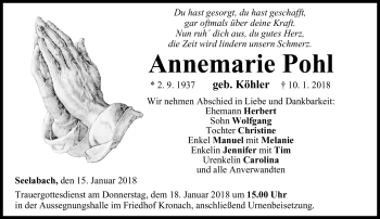 Traueranzeige von Annemarie Pohl von Neue Presse Coburg