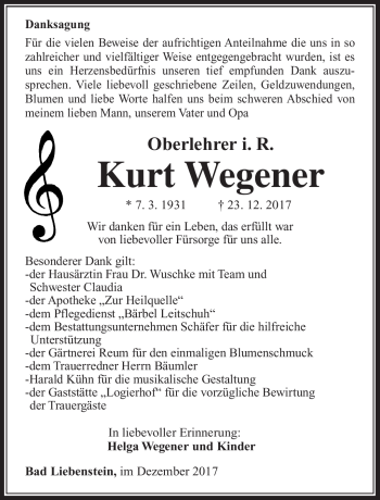 Traueranzeige von Kurt Wegener von Südthüringer Presse