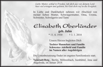 Traueranzeige von Elisabeth Oberländer von Südthüringer Presse