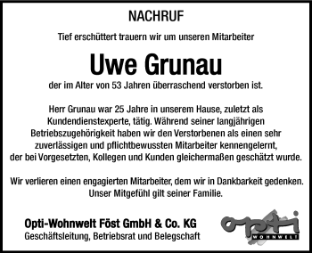 Traueranzeige von Uwe Grunau von Südthüringer Presse