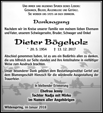Traueranzeige von Dieter Bögeholz von Südthüringer Presse