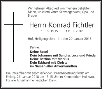 Traueranzeige von Konrad Fichtler von Frankenpost