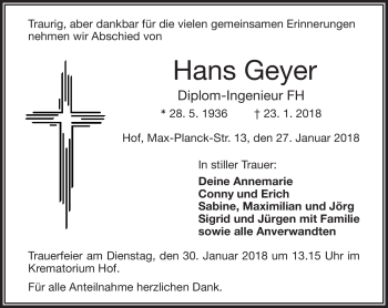 Traueranzeige von Hans Geyer von Frankenpost