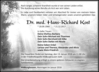 Traueranzeige von Hans-Richard Kost von Südthüringer Presse