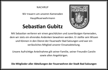 Traueranzeige von Sebastian Gubitz von Südthüringer Presse