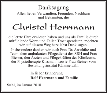 Traueranzeige von Christel Herrmann von Südthüringer Presse