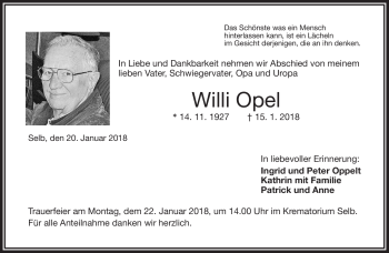 Traueranzeige von Willi Opel von Frankenpost