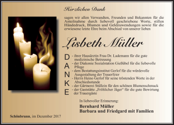 Traueranzeige von Lisbeth Müller von Südthüringer Presse
