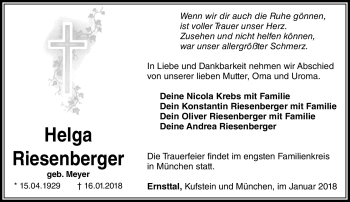 Traueranzeige von Helga Riesenberger von Südthüringer Presse