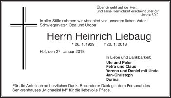 Traueranzeige von Heinrich Liebaug von Frankenpost
