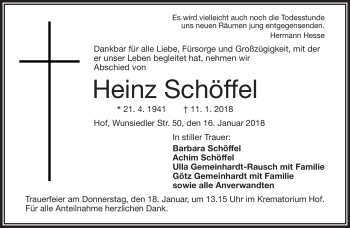 Traueranzeige von Heinz Schöffel von Frankenpost