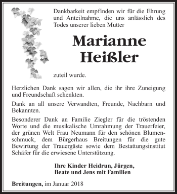 Traueranzeige von Marianne Heißler von Südthüringer Presse