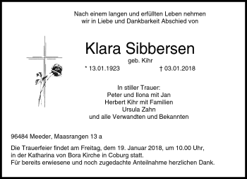 Traueranzeige von Klara Sibbersen von Neue Presse Coburg