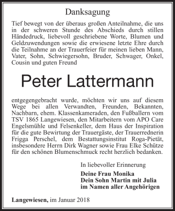 Traueranzeige von Peter Lattermann von Südthüringer Presse