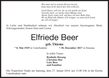 Traueranzeige von Elfriede Beer von Südthüringer Presse