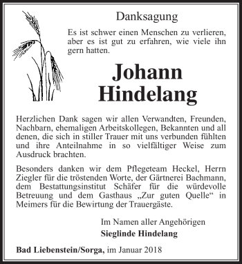 Traueranzeige von Johann Hindelang von Südthüringer Presse