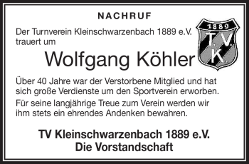 Traueranzeige von Wolfgang Köhler von Frankenpost