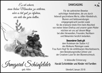 Traueranzeige von Irmgard Schönfelder von Südthüringer Presse