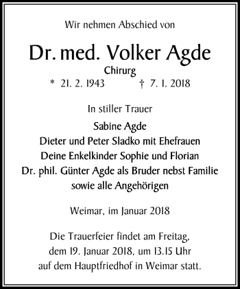Traueranzeige von Volker Agde von Frankenpost