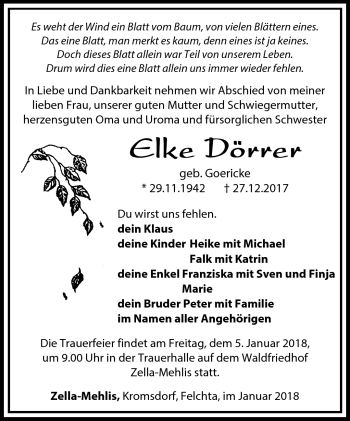 Traueranzeige von Elke Dörrer von Südthüringer Presse